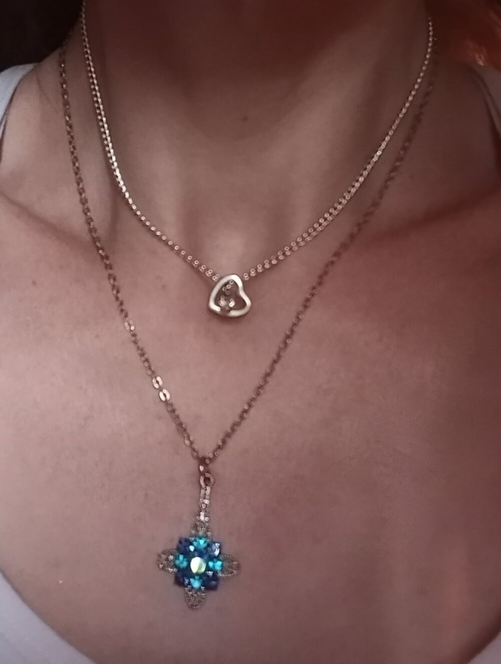 Layered Crystal Necklace Set Floating Heart 15" & Teal Blue Filigree Cross 18"